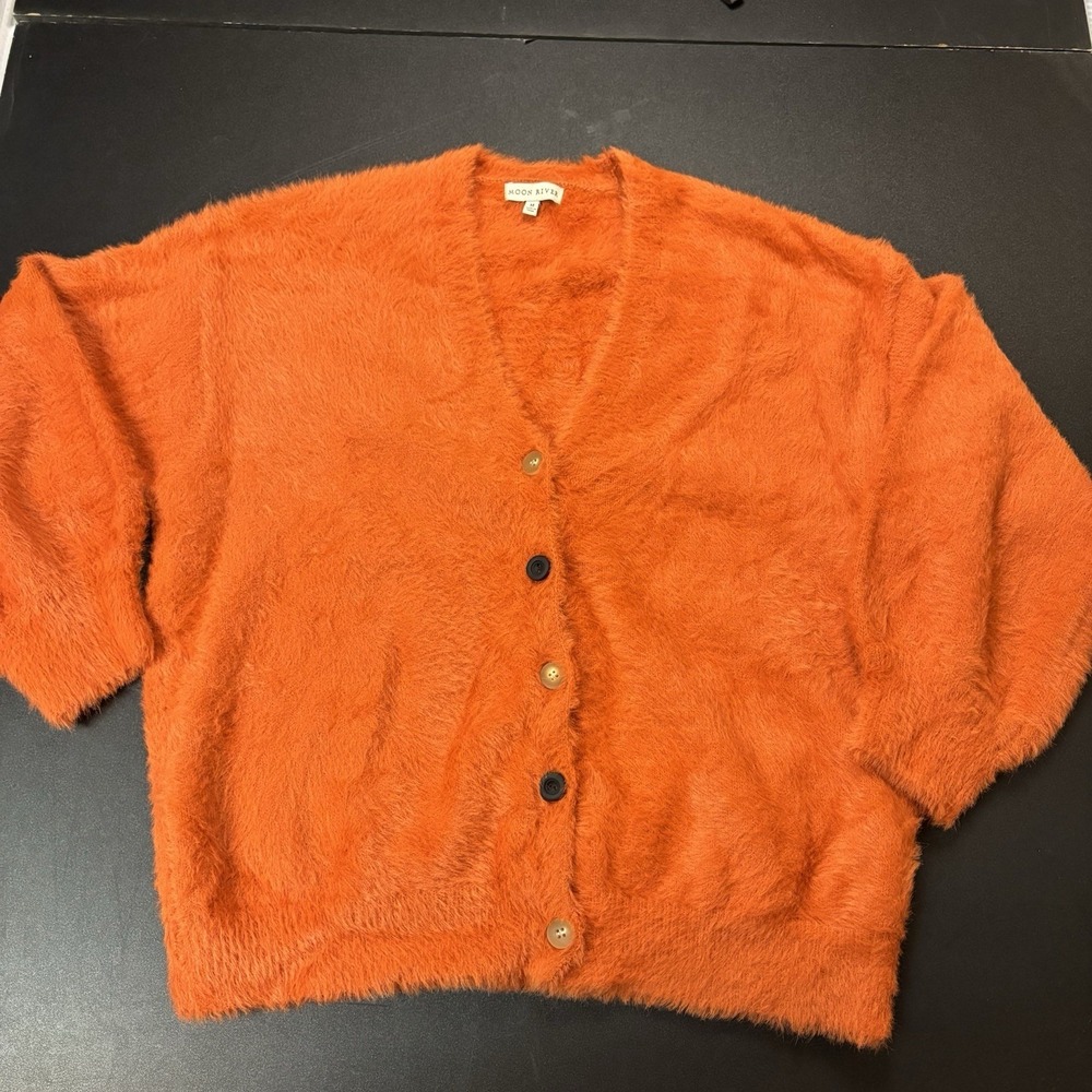 MOON RIVER‎ Anthropologie Chunky Cardigan Sweater Boho Fuzzy Orange Medium